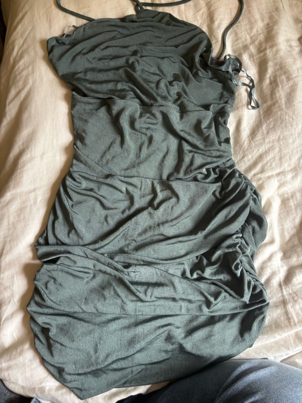Ruched Halter Neck Bodycon Dress in Olive Green